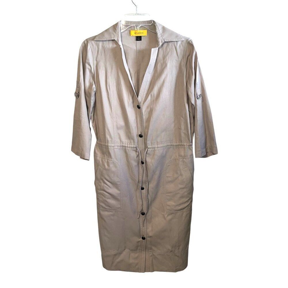 St. John Women's Beige Utility Style Button Down Shirt Dress Sz 4 Cotton / Cupro